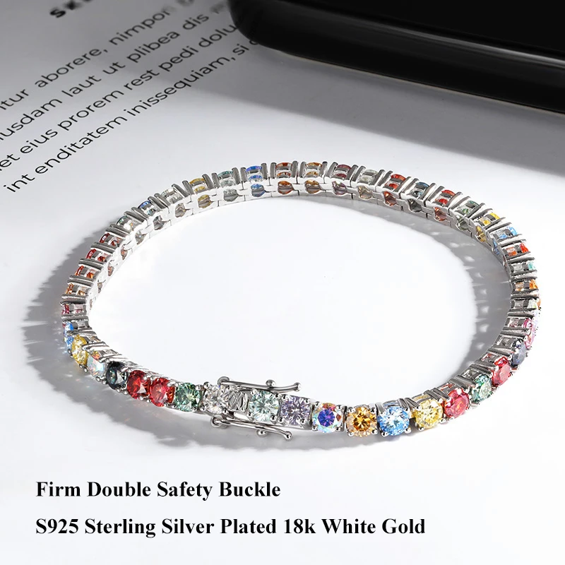 EWYA Multicolor Full 3/4/5mm Green Blue Pink Moissanite Tennis Bracelet For Women 925 Silver Pass Diamond Test Link Bracelets