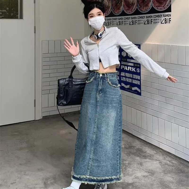 Women\'s Long Denim Skirt Retro Burlap High-waisted Cowboy Skirt Streetwear Trend Fashion Loose Large Size A-line Y2k Jean Skirt