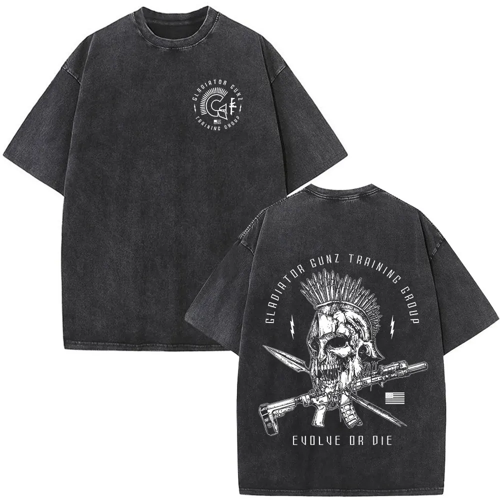 Camiseta Vintage Lavada con Diseño de Esqueleto de Guerrero Militar 'Til Valhalla' para Hombre, Ropa Gótica de Manga Corta