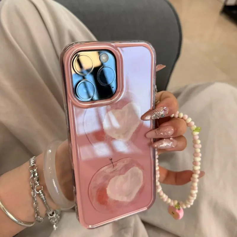 

Korean Style Pink Oil Painting Love Phone Case with Bracelet for IPhone 14 15 Pro Max 16P Apple Hard case Pink Cute Style Cover