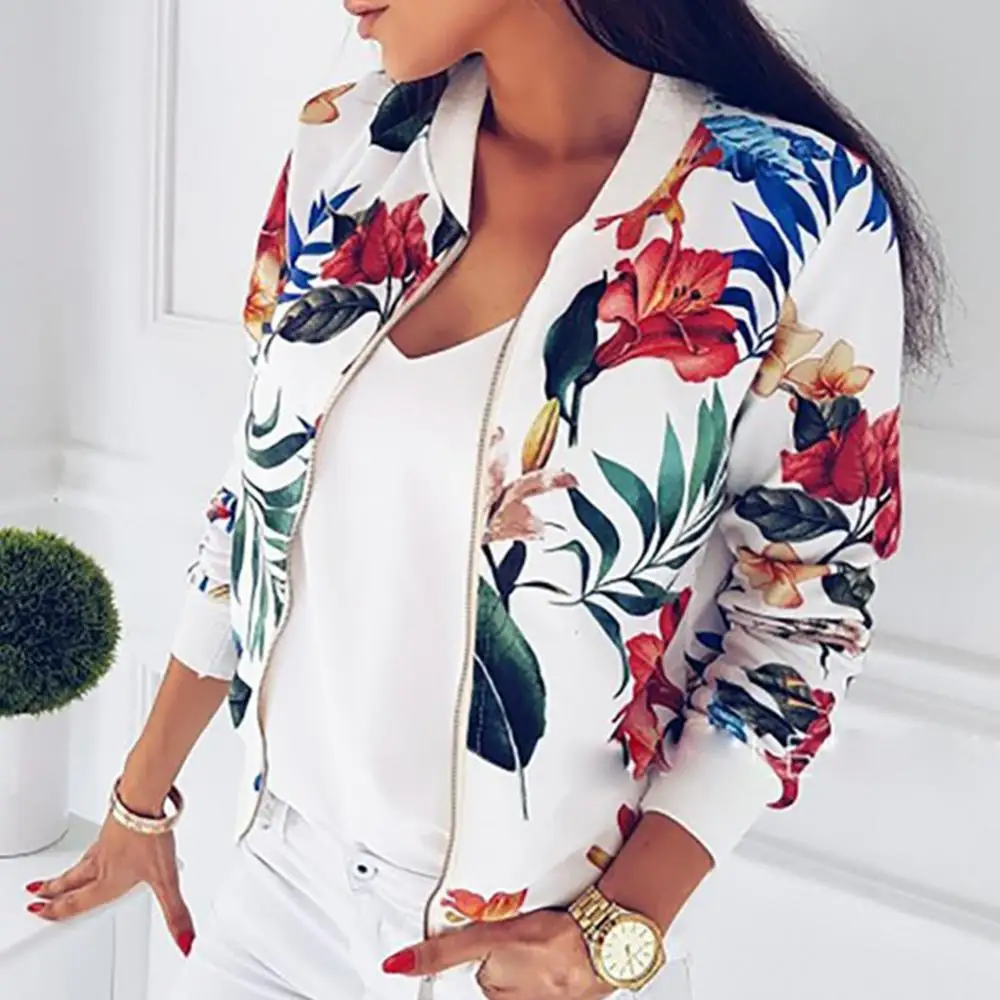 

Women Floral Jackets Spring Summer Long Sleeve Zipper Print Jacket Casual Pocket Slim Female Fashion Outwears Plus Size