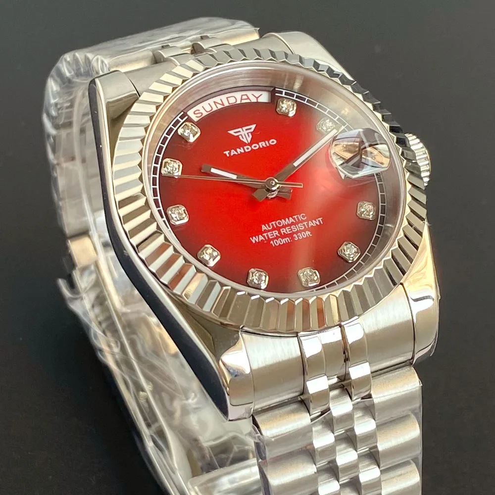 Tandorio 36mm 39mm Sunburst Red Gold Dial Diamond Index Sapphire NH36A 20ATM Diving Automatic Men Watch Stainless Steel Strap