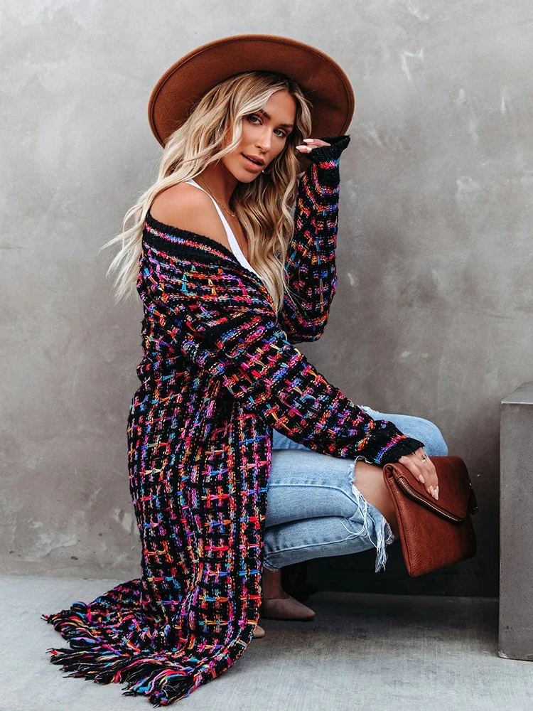 Bohemian Vintage Women\'s Cardigan Winter Clothing Fringe Colorful Slim Long Jacket Female Fashion Knitted Coat New