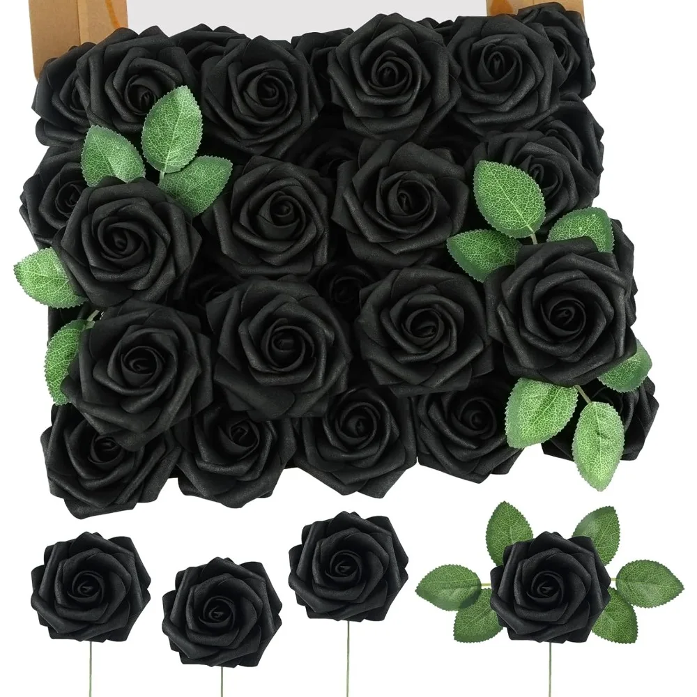 

60PCS Black Artificial Flowers Real Touch Fake Flowers with Stem Foam Roses for DIY Wedding Bouquets Table Centerpieces Bridal