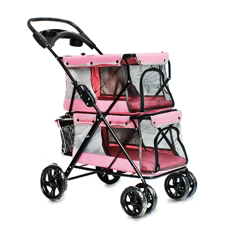 Pet Stroller Carrier For Dogs Portable Folding Double Deck Dog Large Space Trolley Cage Four Wheel Outdoor Travel Pet Scooter