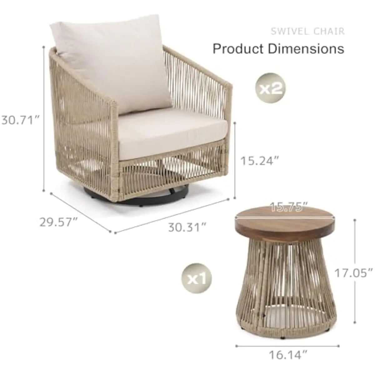 Modern 3-Piece Outdoor Bistro Set Featuring Two 360° Rotating Wicker Chairs Plus Round Natural Wood Top Table With Open-Weave Ba