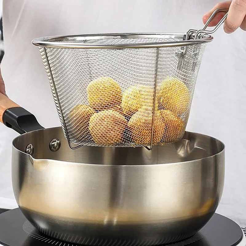

Kitchen Round Fryer Wire Mesh With Handle Wire Colander Nets French Chip Frying Strainer Basket Stainless Steel Deep Fry Basket