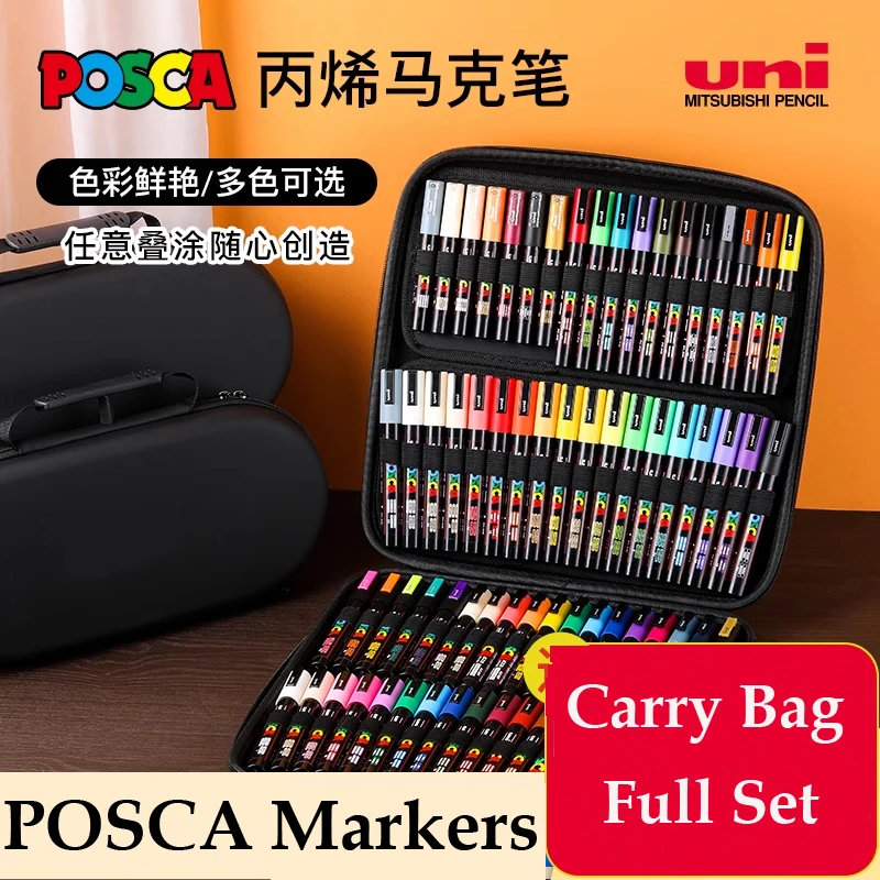 Uni POSCA Markers PC-1M/3M/5M Organizer Storage Case Set Water-Based Acrylic Art Paint Pens Fabric Vinyl Wood Glass Painting