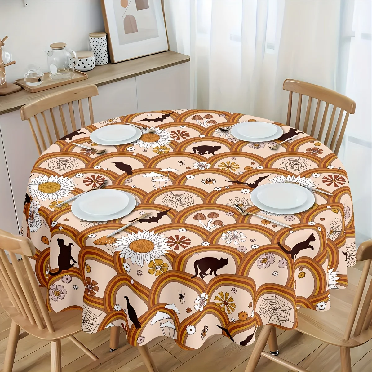 One-piece Halloween black cat tablecloth - featuring designs of bats, crows, spider webs and flowers