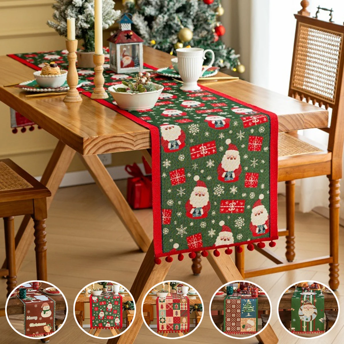 1PC Christmas Jacquard Tassel Table Runner Christmas Tree Bells Tablecloth American Retro Home Decoration Tv Cabinet Cover Cloth