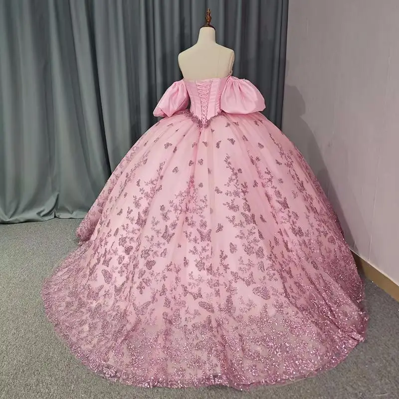 Розовые блестящие платья Quinceanera, бальное платье с открытыми плечами и блестками, аппликация, бант, бисер, кристалл, тюль, милое платье 16, Vestidos De 15