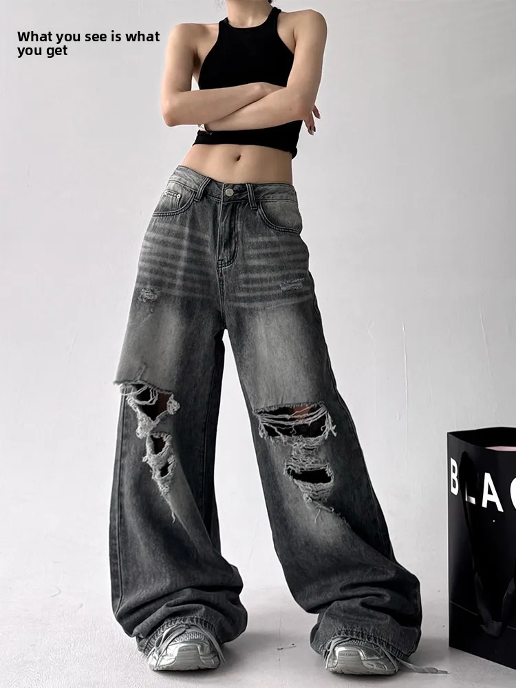 

American Sle Vintage Hole Denim Pants Women's Loose Wide Leg High Waist Floor Length Street Sle Jeans Cotton Elastic Fabric