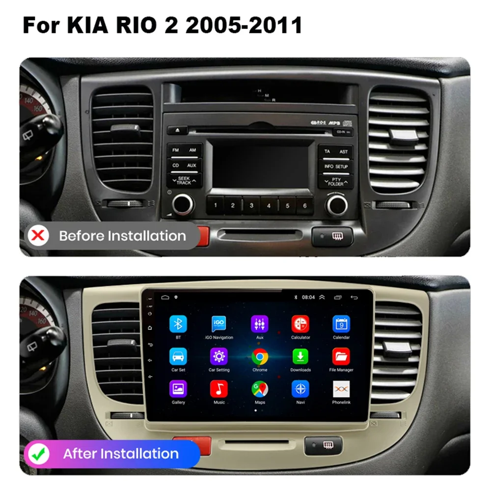 8+128GB Android 13 For Kia RIO 2 2005 - 2011 Car Radio Multimedia Video Player Navigation GPS 2 din Free Android Auto