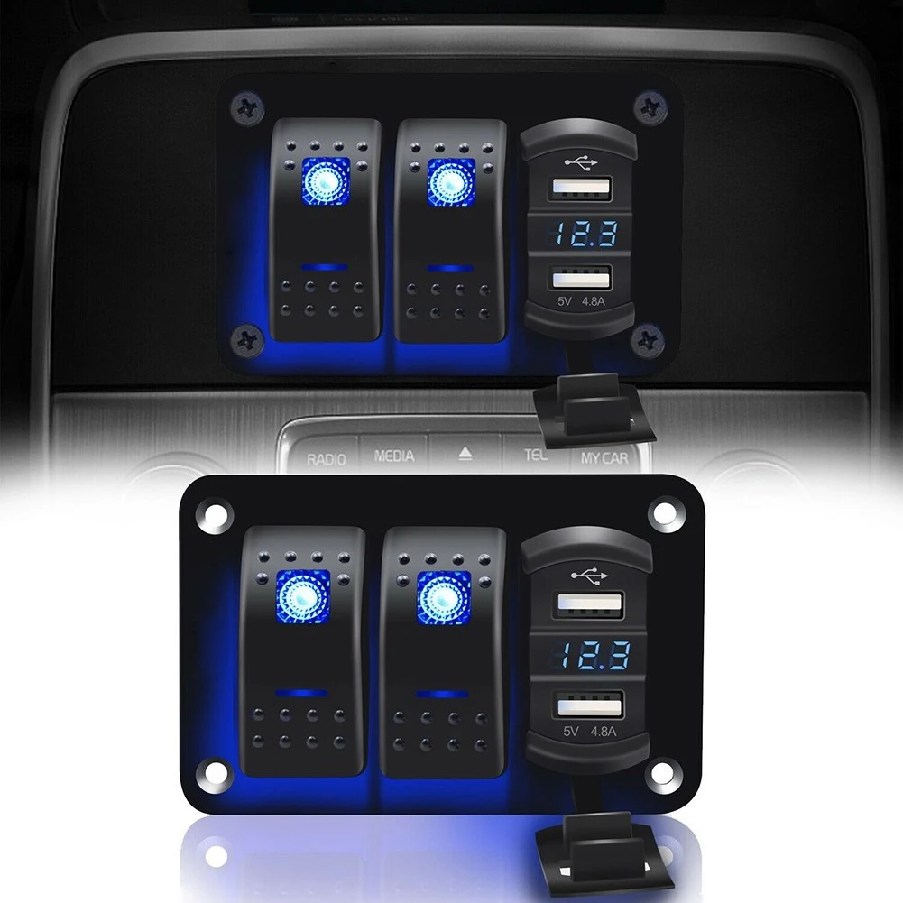 

Gang Blue LED Switch Panel For Cars Marine RV Truck 12V 24V System With Real Voltage Monitor And 4.8A USB Charging