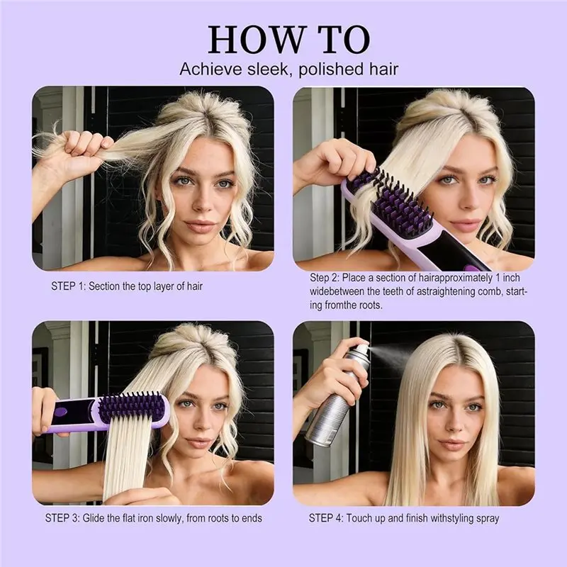 Efficient-Go Brush Pro Portable Straightener Brush With LCD Display, Fast Heating, Cordless