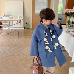 Boys Woolen Coat Overcoat Jacket Windbreak 2024 Blue Warm Plus Thicken Autumn Winter Cotton School Children's Clothing