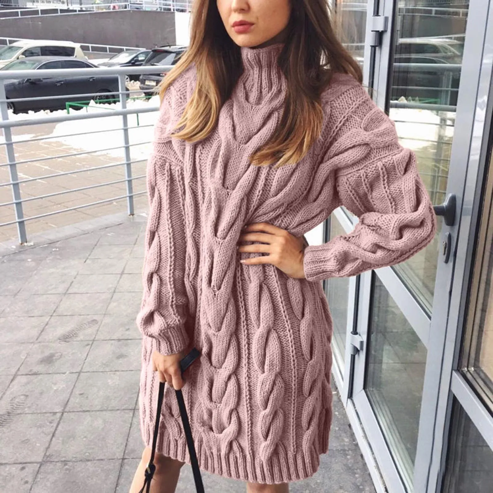 

2024 Autumn Winter Solid Color Turtleneck Pullover Twisted Loose Knitted Sweater Long Dress Sweater for Women Warm Clothing