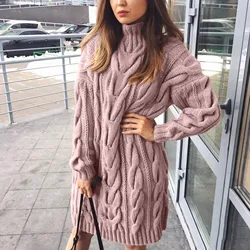 2024 Autumn Winter Solid Color Turtleneck Pullover Twisted Loose Knitted Sweater Long Dress Sweater for Women Warm Clothing