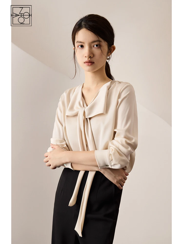 ZIQIAO Elegant Satin French Ribbon Shirt for Women 2023 Autumn Newly High-end Korean Style Commuter Tops for Office Lady