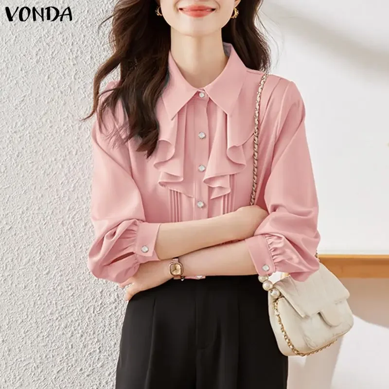 Vrouwen Shirts VONDA Elegant Office Lady Lange Mouw Ruches Blouse 2026 Lente Casual Solid Tuniek Tops Knoppen Streetwear Blusas