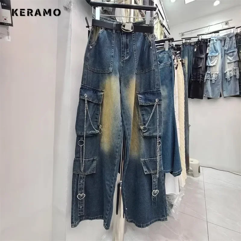 PB&ZA Casual Retro Wide Leg Baggy Emo Denim Trouser Harajuku Chain Design High Waist Loose Jeans Women's Y2K Grunge Pocket Pants