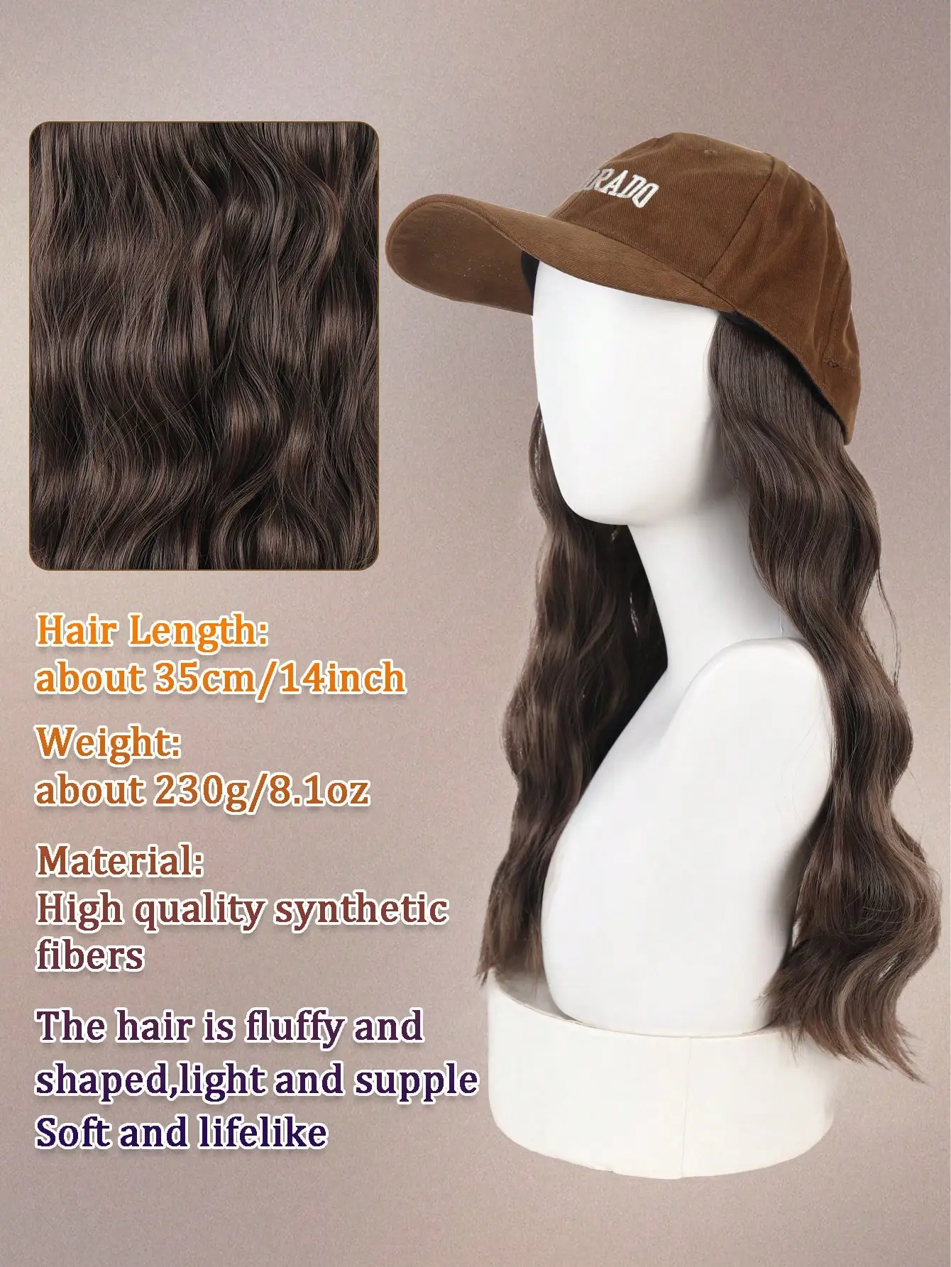 Baseball Cap Wig,Coffee colored Baseball Hat Wig,14 Inch Middle Long Body Wave Synthetic Cool Brown Wig For Women