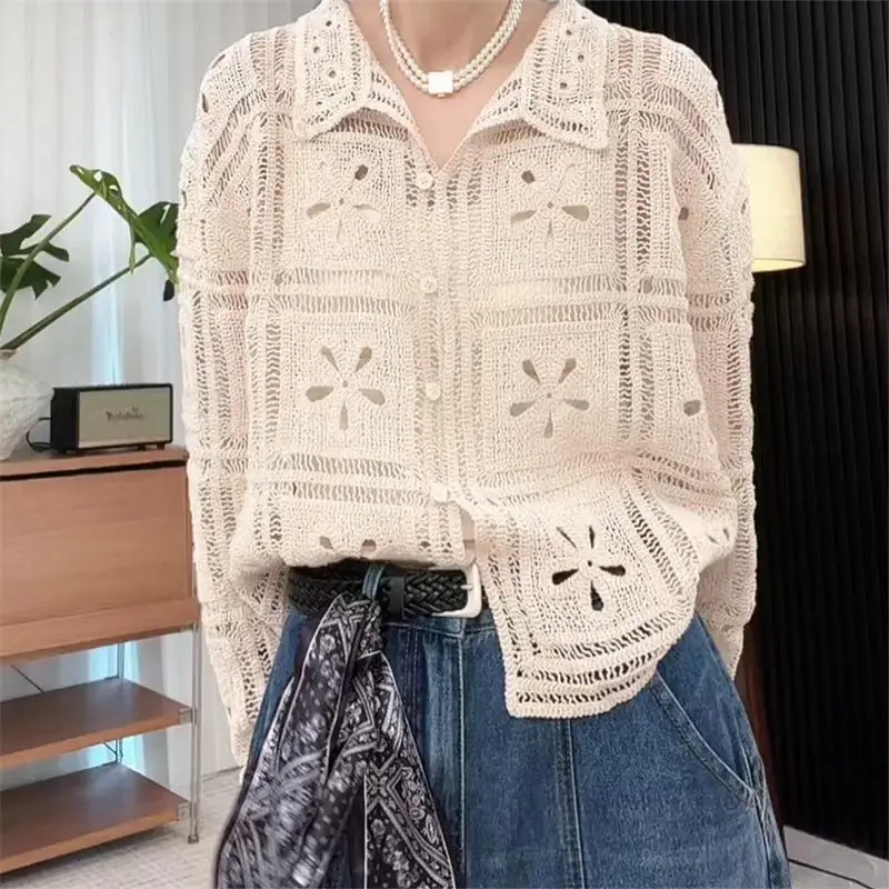 

Ретро-дизайн с лацканами и длинными рукавами, ажурный вязаный кардиган, женский осенний новый ленивый свободный повседневный топ