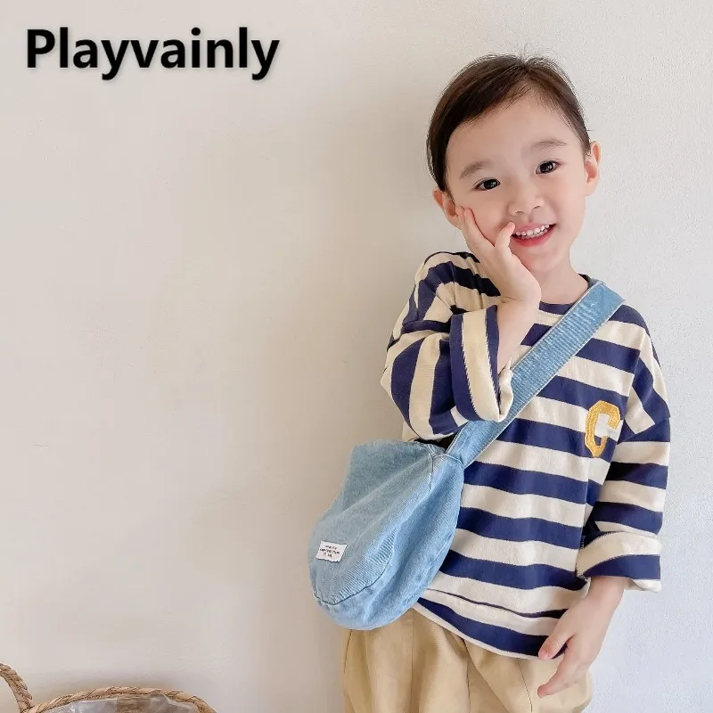 

Новинка 2023 года, весенне-осенняя детская одежда, синяя, бежевая полосатая футболка с круглым вырезом и длинными рукавами, повседневные свободные топы для мальчиков и девочек A21596