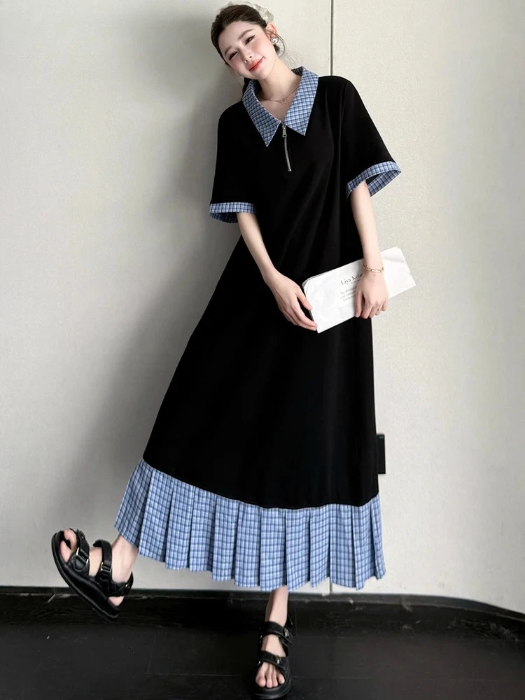 NYFS 2026 Korean Style Summer Short Sleeve Patchwork Long Dress Robe  Loose plus Size Women's Casual POLO Dress