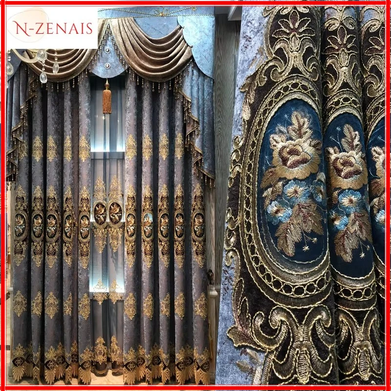 

European Style Hollow Embroidery Luxury Curtains for Living Room Bedroom Dining Window Blackout Tulle Valance Chenille Blue