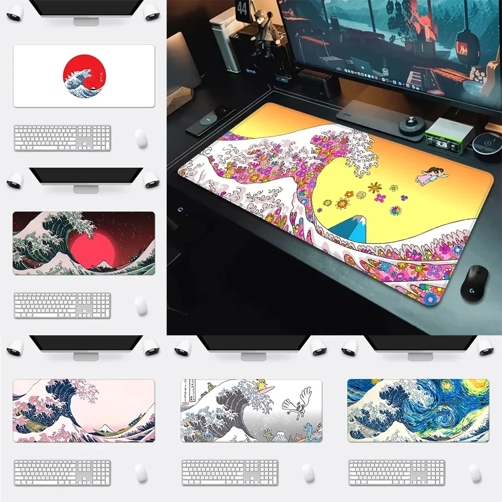 Japan Style Colorful Great Wave and Sun Rubber Non-slip Computer Laptop Accessories Office Mouse Pad Keyboard Tablemat 400*900mm