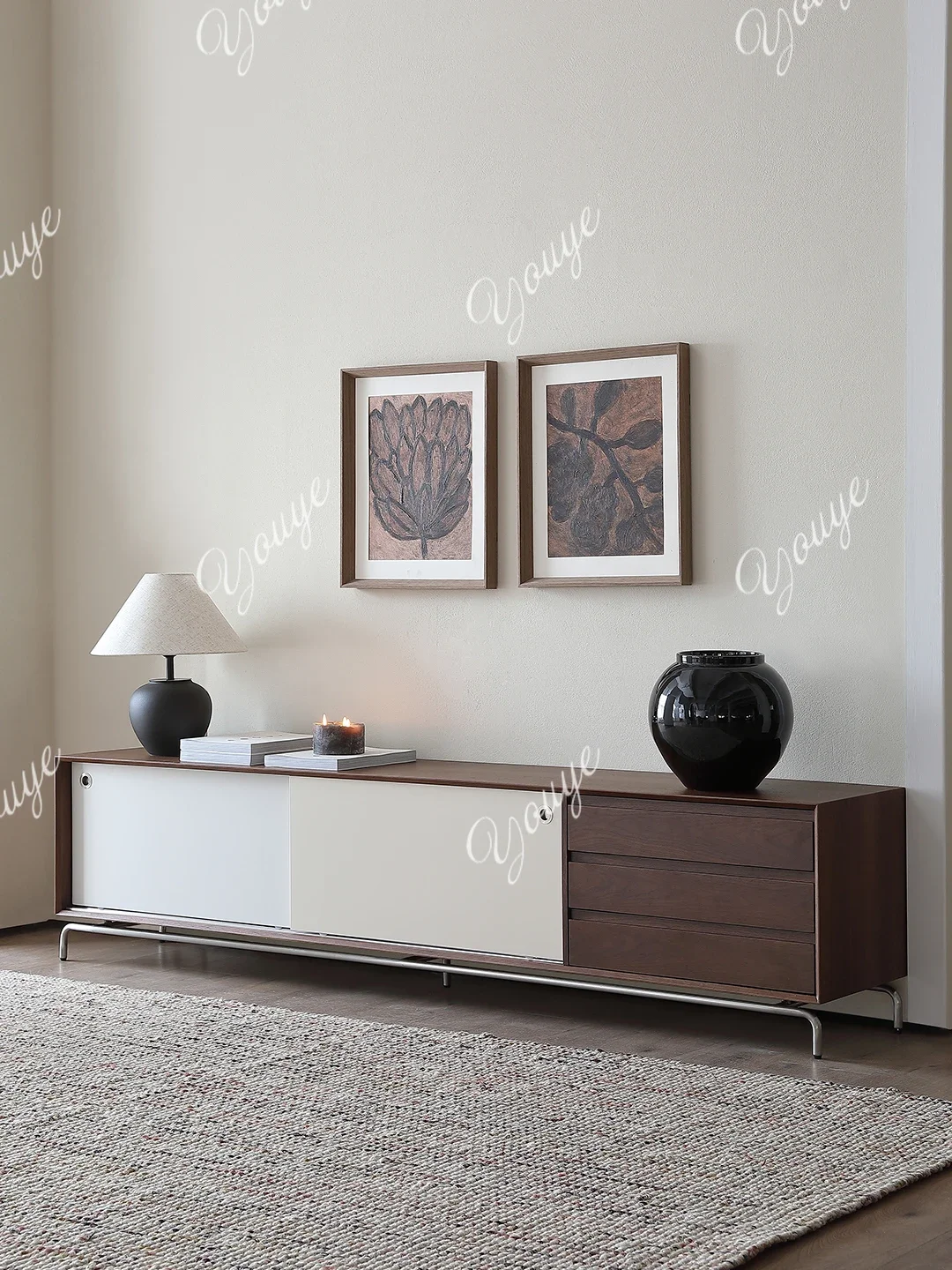 

J Medieval Bauhaus Solid Wood TV Cabinet High-footed Living Room Home New Retro Walnut Floor Cabinet