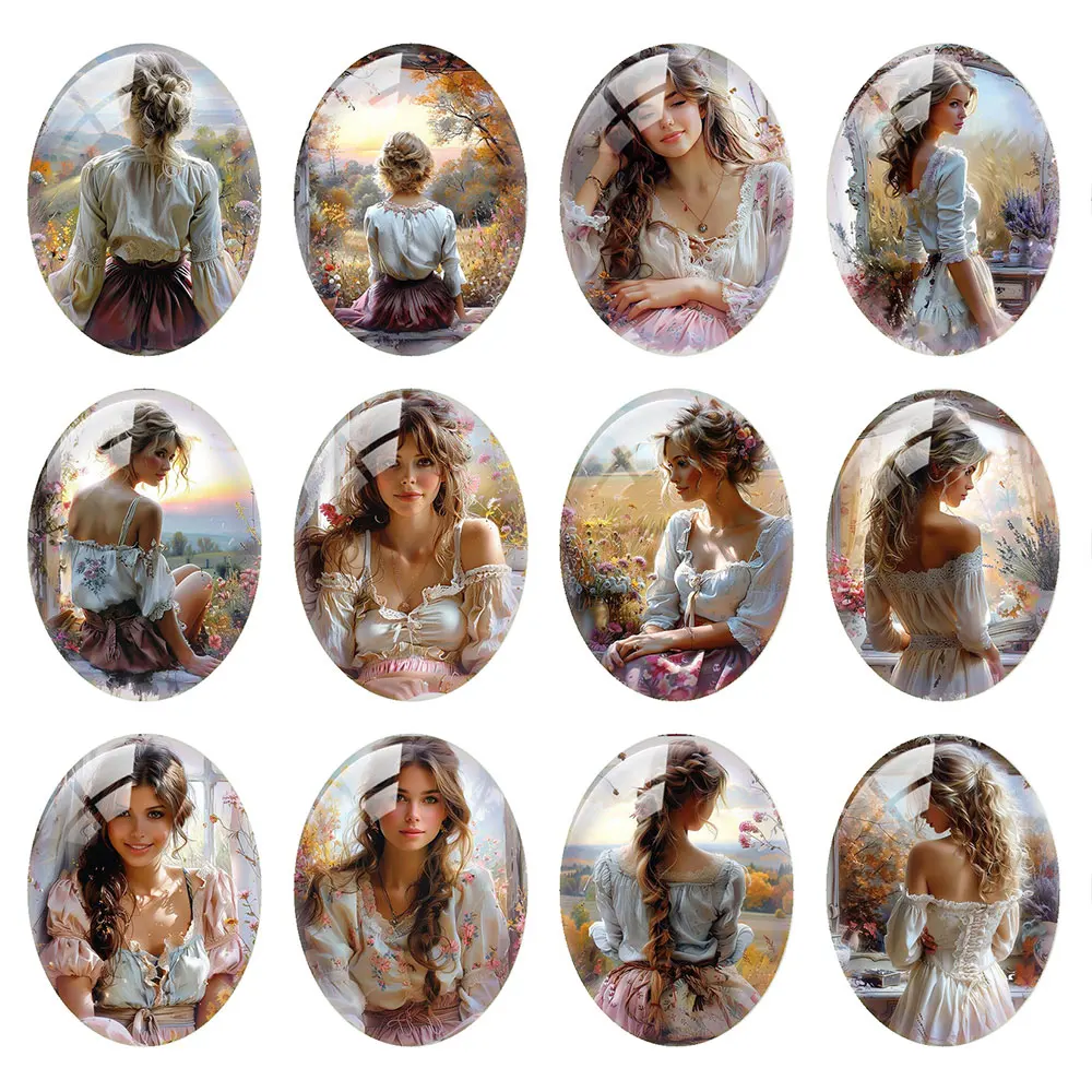 Random Mixed Round/Oval/Square Countryside Maiden Pastoral Sunset Photo Glass Cabochon Flatback Demo Cameo Diy Jewelry Making
