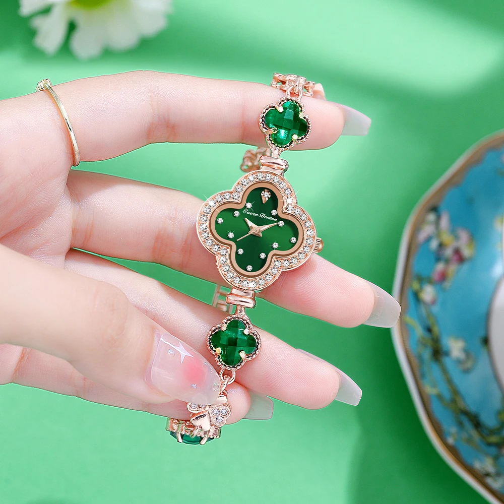 CAVEN DENTON Women Watch Fashion Four-Leaf Clover Ladies' Watch with Gemstone-Inset Diamond Bracelet Fashion Dress Watch Gifts