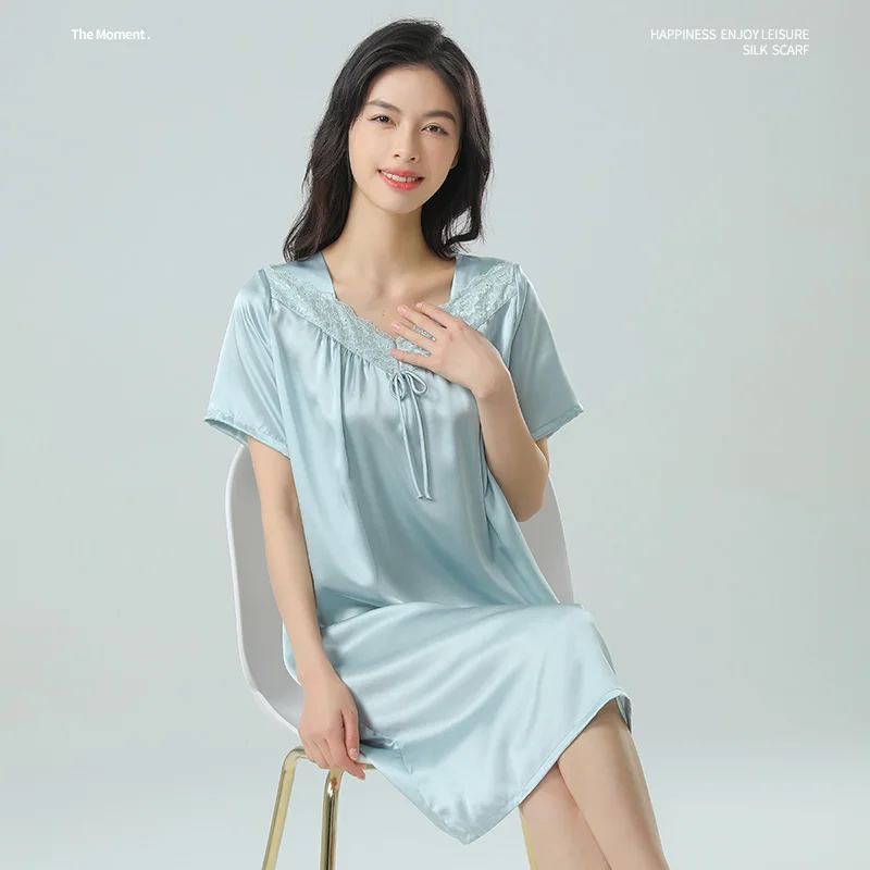 

Real Silk Solid Sleepdress 100% Mulberry Silk Sweet Lace Short Sleeve Chemise Sleepwear Pajama Loose Women Nightdress Nightgown