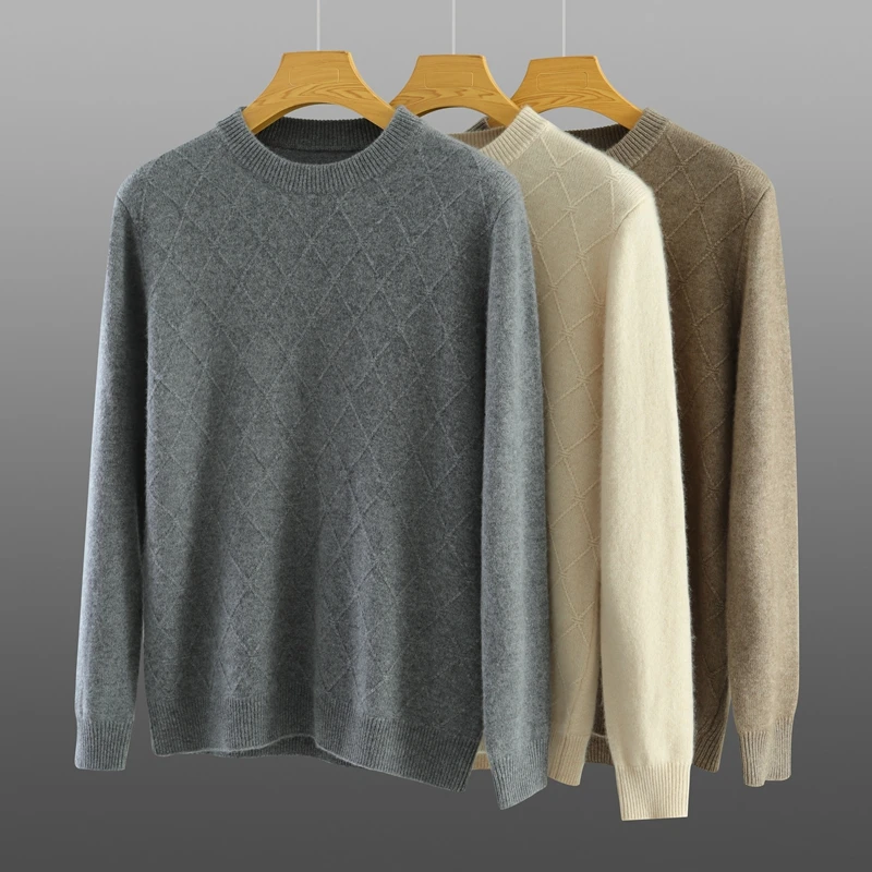 100% Goat Cashmere Sweater Round Neck Men's Diamond Jacquard Pullover Thick Sweater Loose Business Casual Cashmere Knit Top