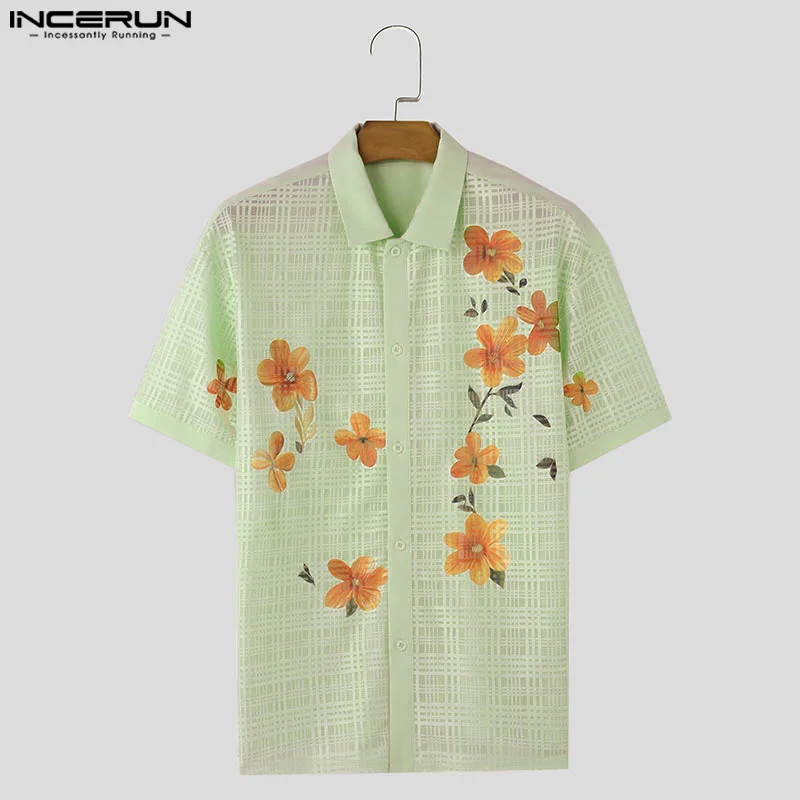 INCERUN Men Shirt Flower Printing Mesh Transparent Lapel Short Sleeve Men Clothing Streetwear Summer 2024 Fashion Male Shirts