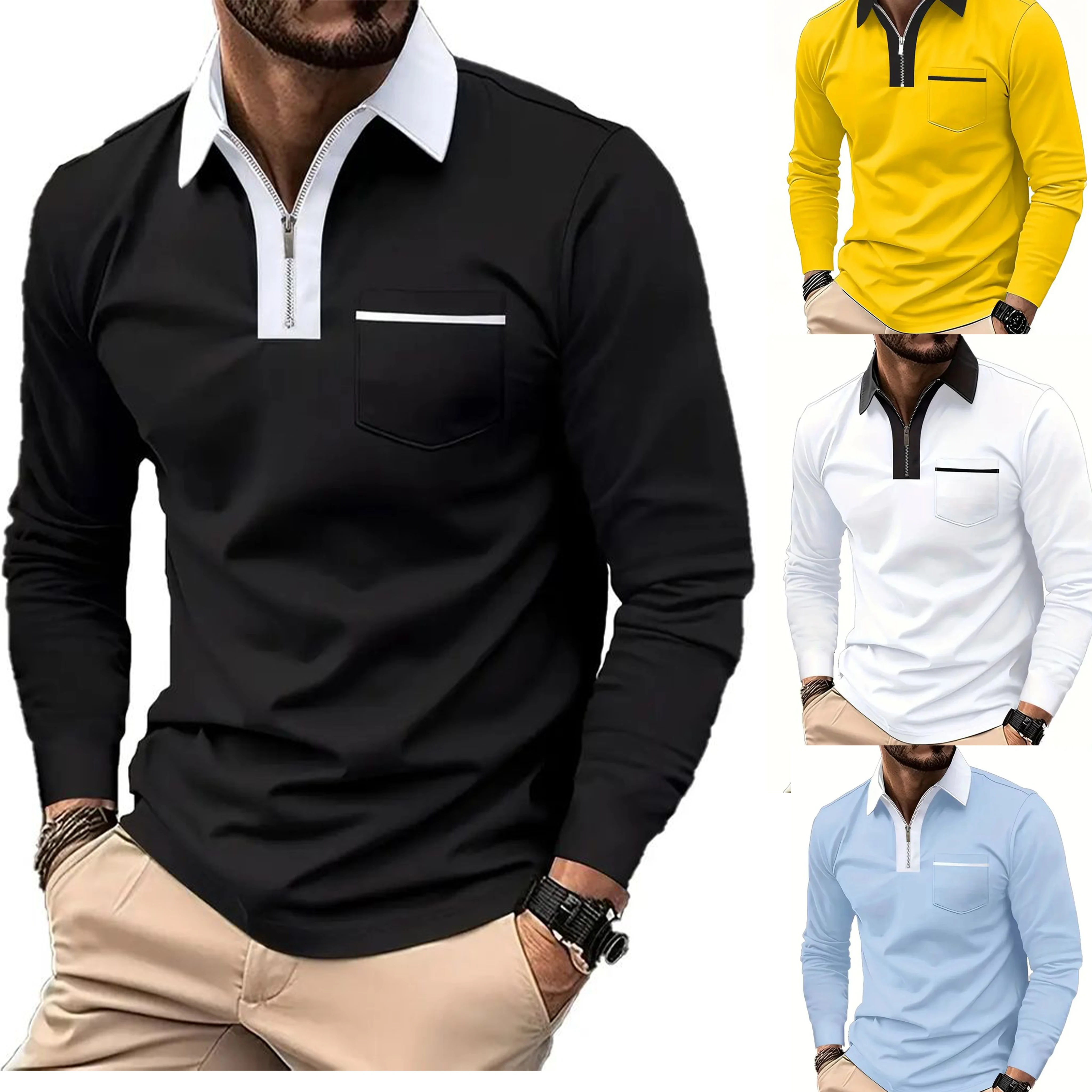 

Мужская новая классическая полосатая рубашка-поло с принтом и длинными рукавами, осенняя повседневная и удобная, подходит для пар на молнии