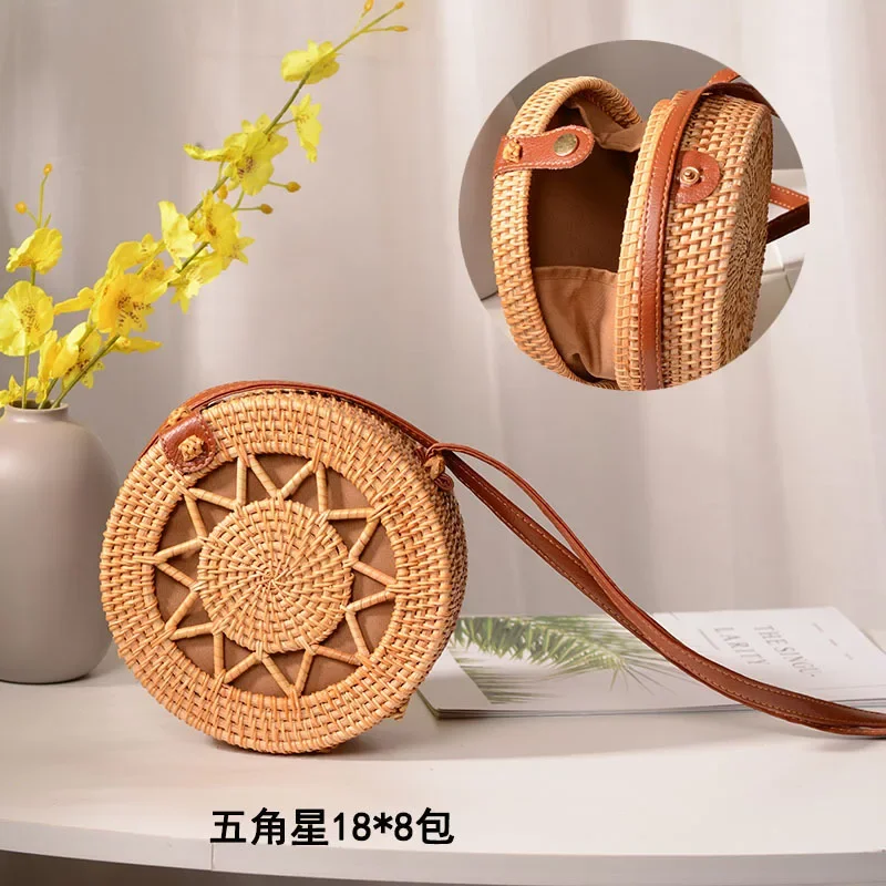 Summer Round Straw Handbags for Women 2024 Retro Style Handmade Rattan Bag Woven Beach Travel Bag Fashion Shoulder CrossBody Bag