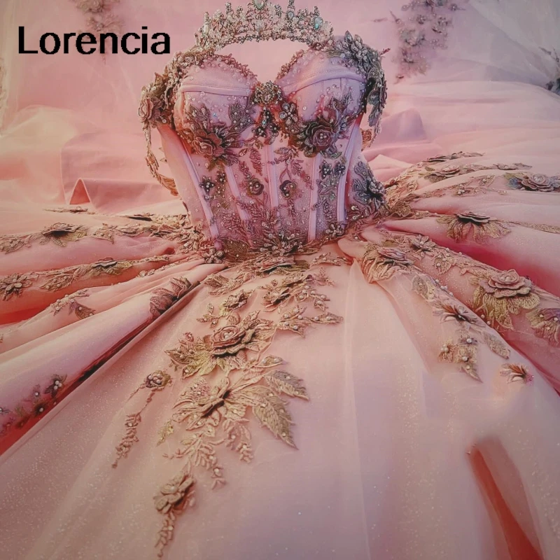 Lorencia Shiny Pink Quinceanera Dress Ball Gown Lace Appliques perline Crystal Bow corsetto Sweet 16 Vestidos De 15 asenos YQD797