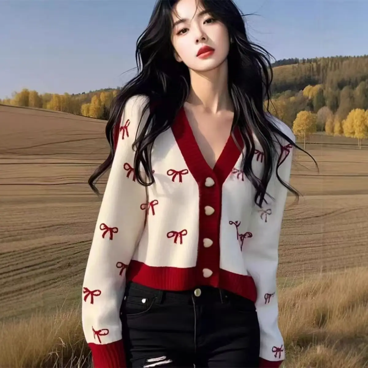 

Женские свитера-кардиганы, повседневные корейские жаккардовые женские свитера с узлом-бабочкой, куртки, топ на осень-зиму, милая одежда для девочек