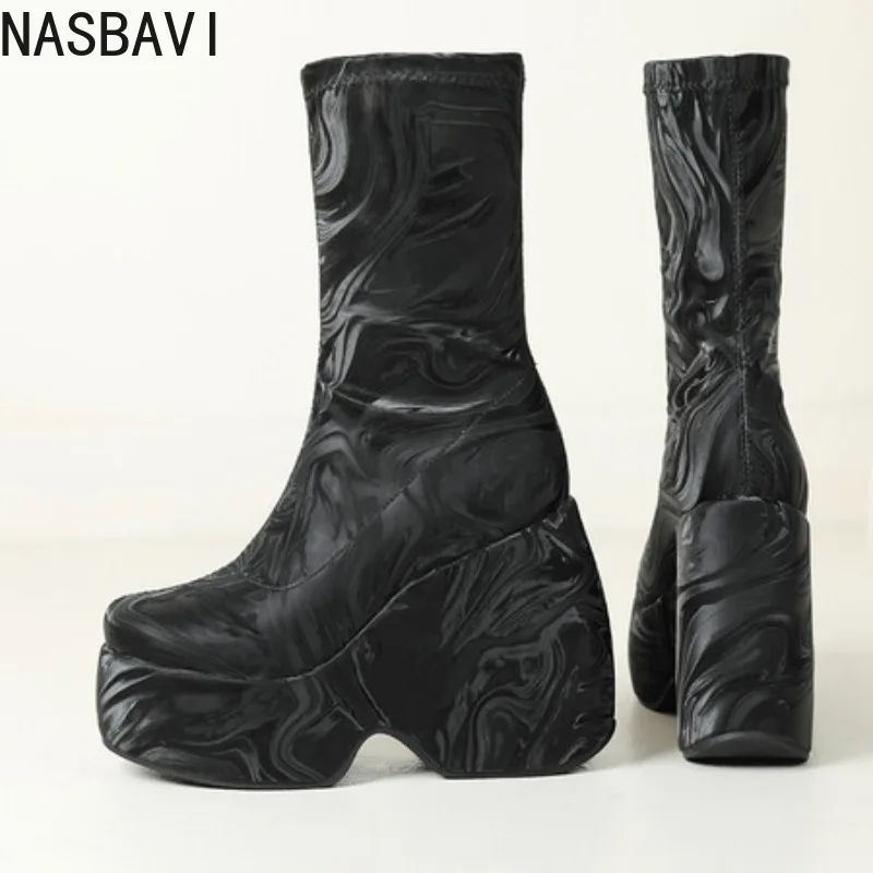 NASBAVI Black Blue Green Fashion Heighten Wedges High Heels Mid-calf Boots Women Thick Platform Slip on Stovepipe Short Booties - Image 4