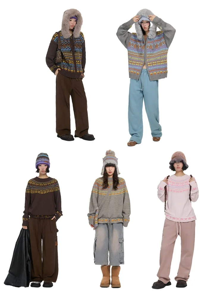 

DNT Lazy Retro Sle Zipper Sweater Loose Fit Fair Isle round Ne Knitwear Coat for Autumn And Winter Teenage Girls Faion