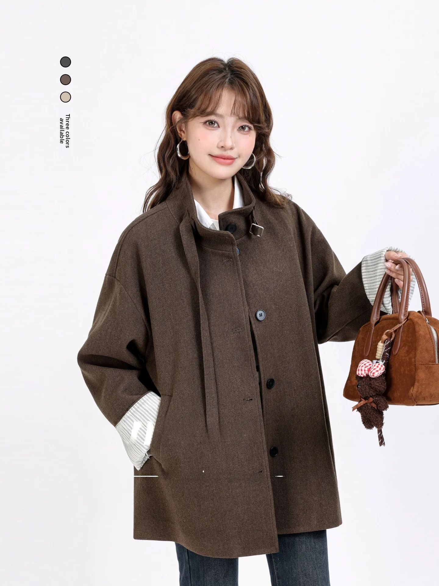 

Ele Casual Large Size Patchwork Striped Stand Collar Belted Woolen Coat Autumn Winter Mid-Length Versatile Retro Women's ...
