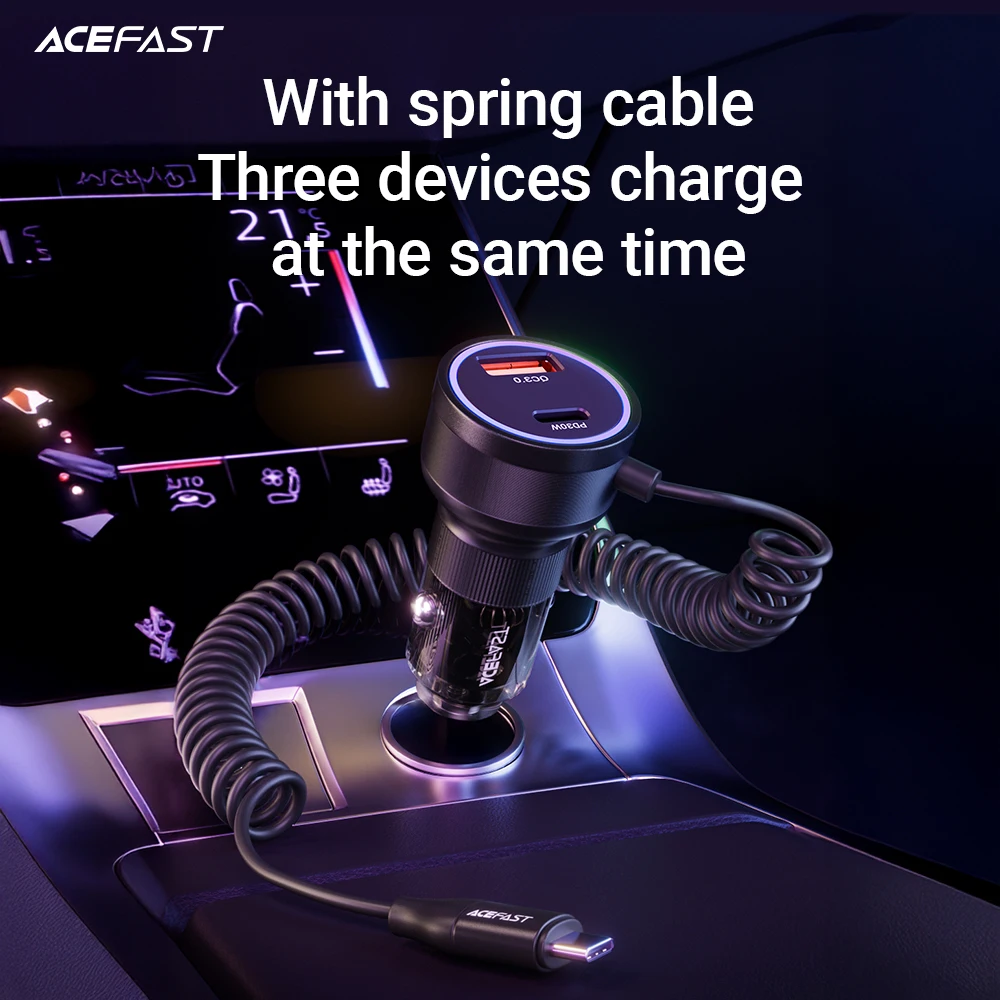 ACEFAST 60W Car Charger with USB C Spring Cable For iPhone 16/15/14 Pro Max with RGB Light Fast Charging Adapter For Samsung S25