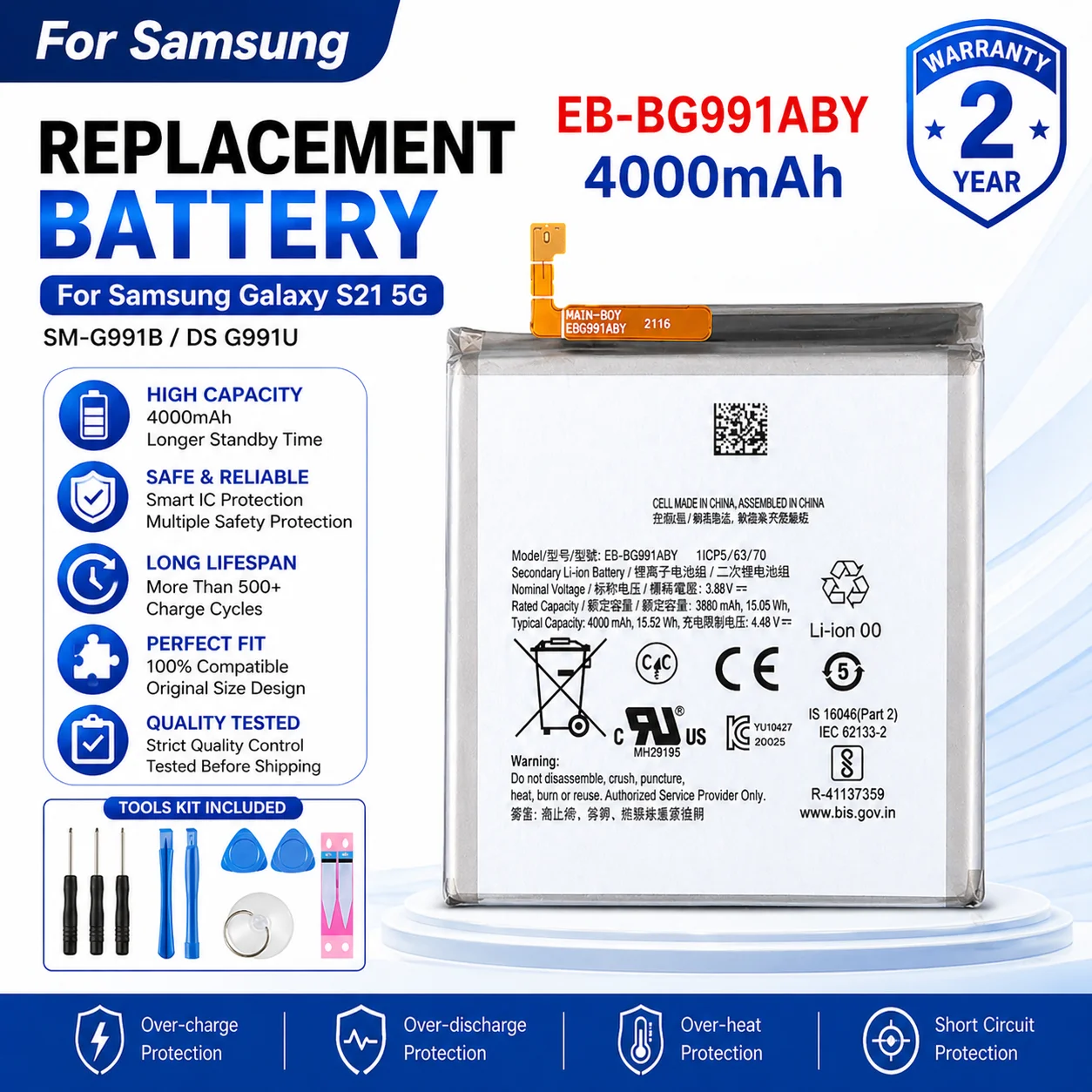 

4000mAh EB-BG991ABY Replacement Battery For Samsung Galaxy S21 5G SM-G991B/DS G991U Original Capacity Phone Battery + Tools