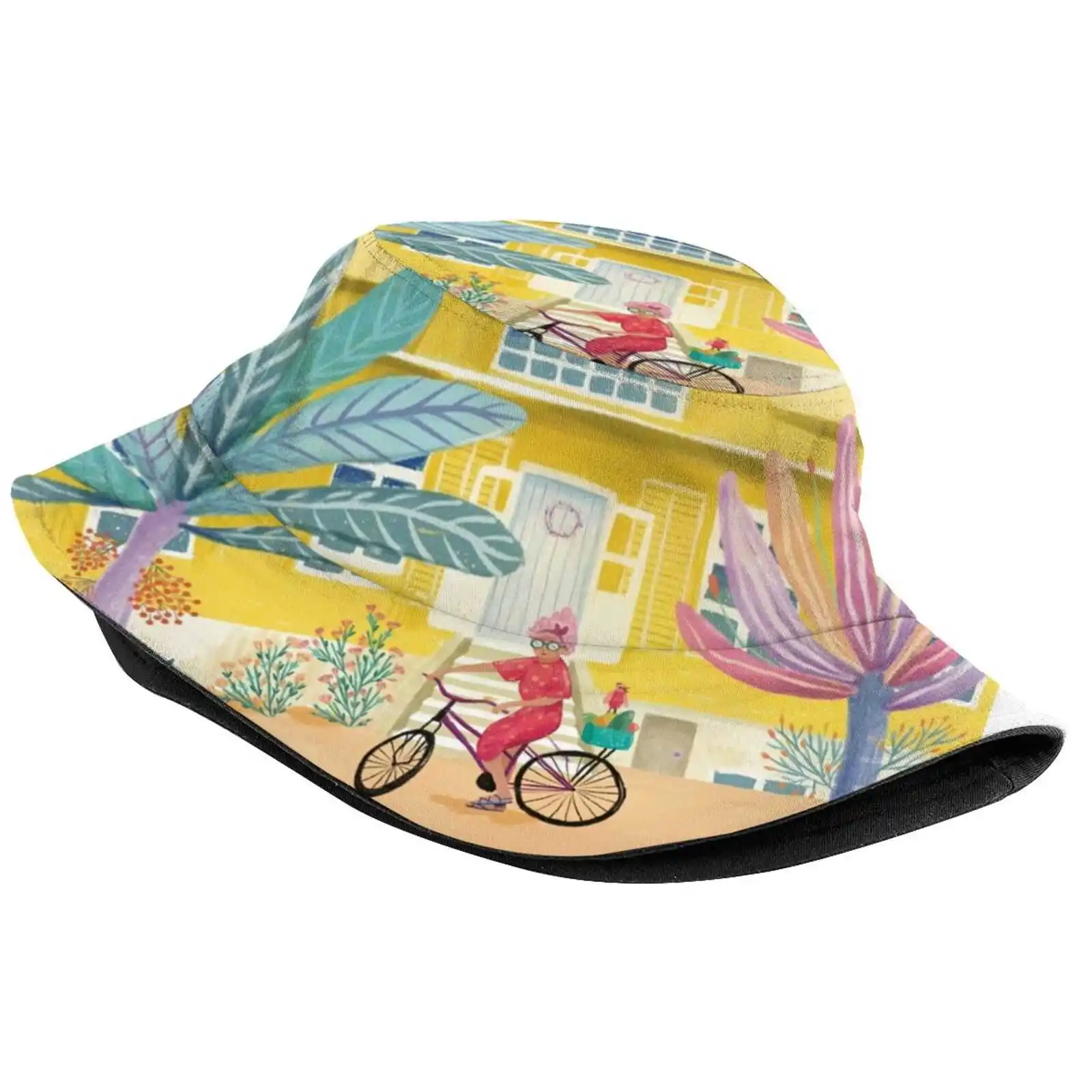 Islandlife Fisherman's Hat Bucket Hats Caps Island Colours Ocean Birds Yellow House Palms Bicycle Lady In Red