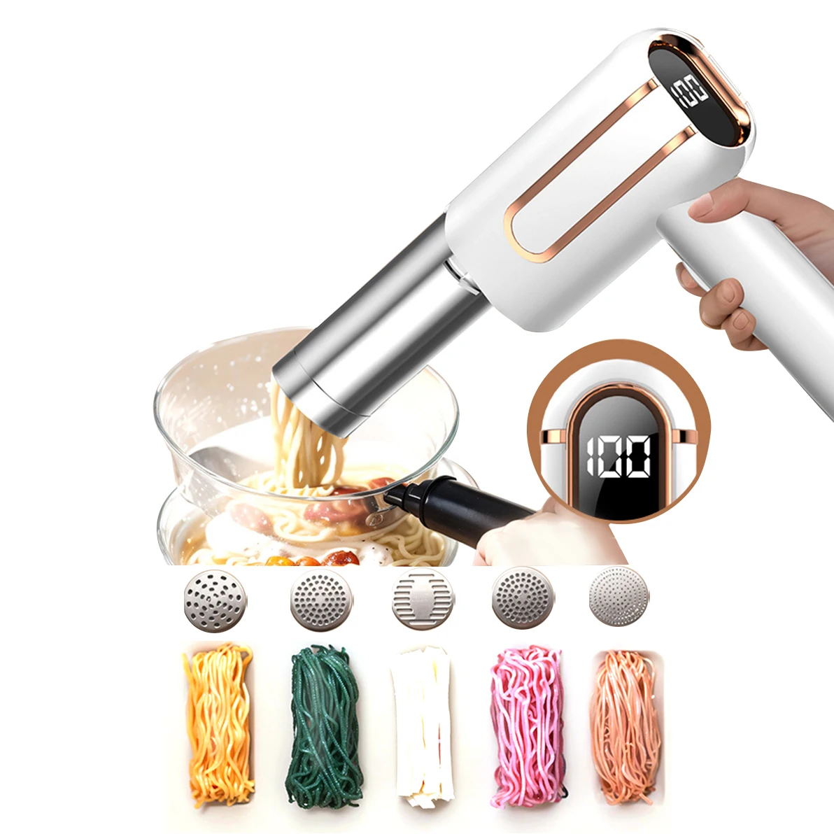 Kitchen Pasta Noodle Making Machines 5 Molds Handheld Wireless Electric Ramen Maker Automatic Steel Barrel For Home 제면기 국수뽑는기계