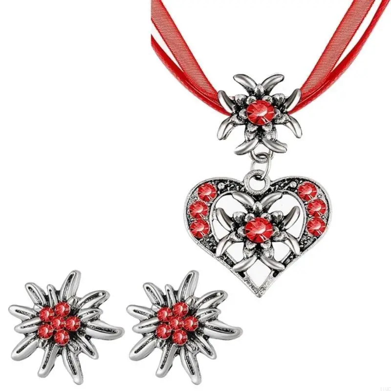 Fashion Edelweiss Necklace Earrings Heart Pendant Necklaces Oktoberfest Choker 
