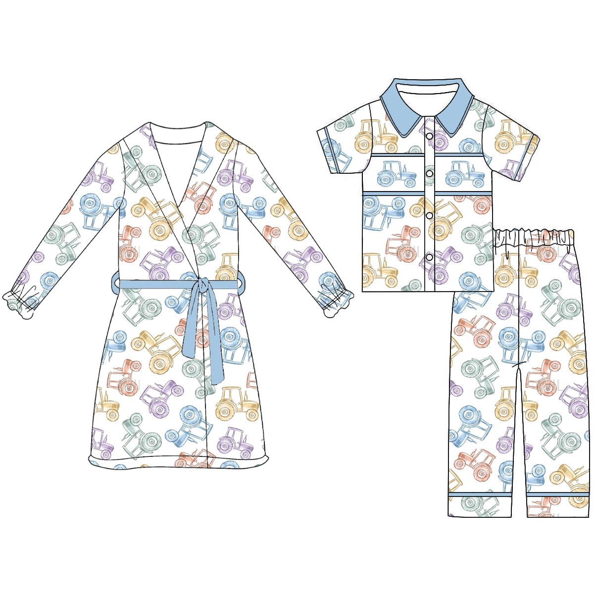 Blue and Green Car Print Boys' Summer Short-sleeved Trousers Pajama Set with Matching Robe Boutique Children Pajamas